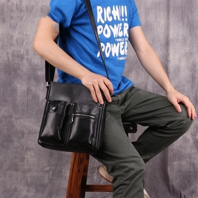 Casual Lifestyle Casual Black LEATHER MENS 8 inches Vertical Messenger bag Black SIDE BAG Shoulder Bag Courier BAG FOR MEN