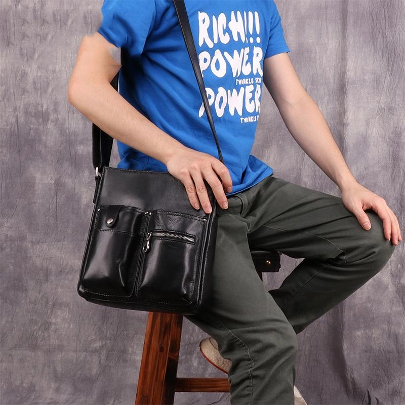 Everyday Carry Casual Black LEATHER MENS 8 inches Vertical Messenger bag Black SIDE BAG Shoulder Bag Courier BAG FOR MEN