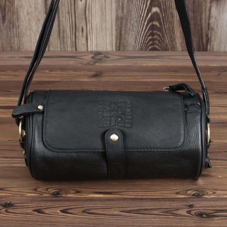 Travel Organizer Casual Black Leather Mens Barrel Postman Bag Side Bag Bucket Messenger Bag For Men
