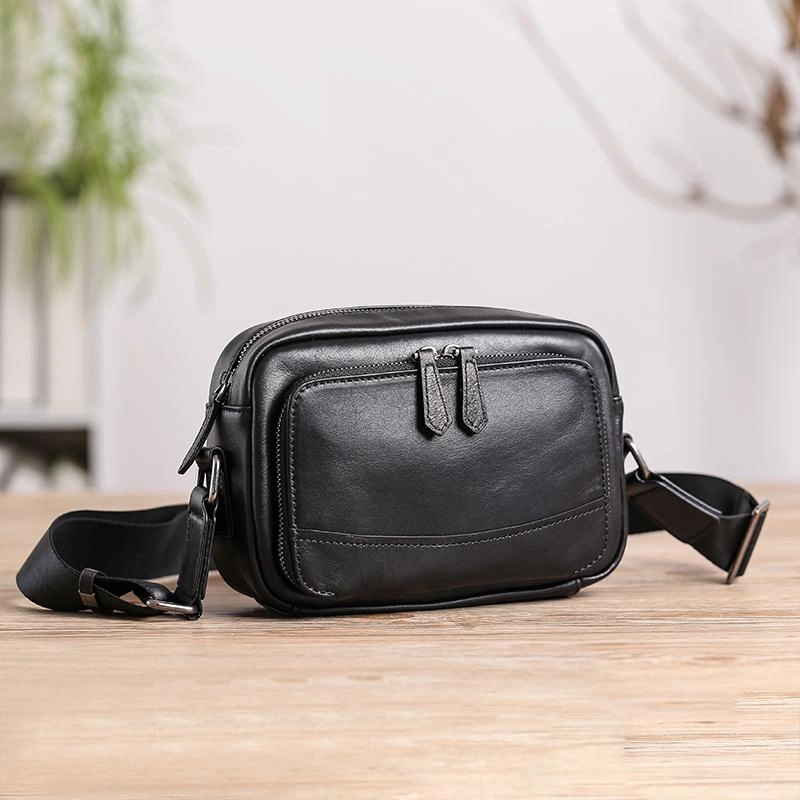 Casual Black Leather MENS Small Side Bags Black Messenger Bag Leather Courier Bag For Men Minimalist Organizer