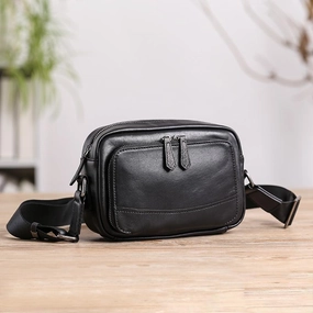 Casual Black Leather MENS Small Side Bags Black Messenger Bag Leather Courier Bag For Men Minimalist Organizer
