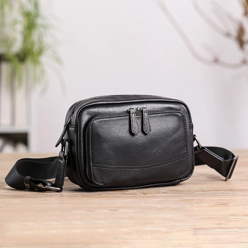 Trendy Design Casual Journey Casual Black Leather MENS Small Side Bags Black Messenger Bag Leather Courier Bag For Men