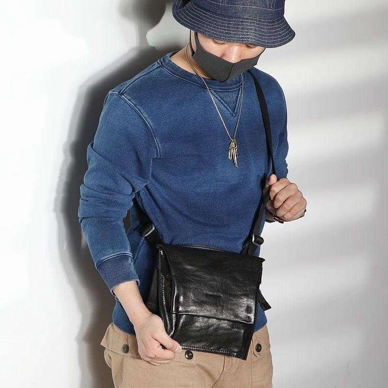 Compact Organizer Casual Black Leather Mens Vertical Side Bag Messenger Bag Cool Brown Postman Bag Courier Bag for Men