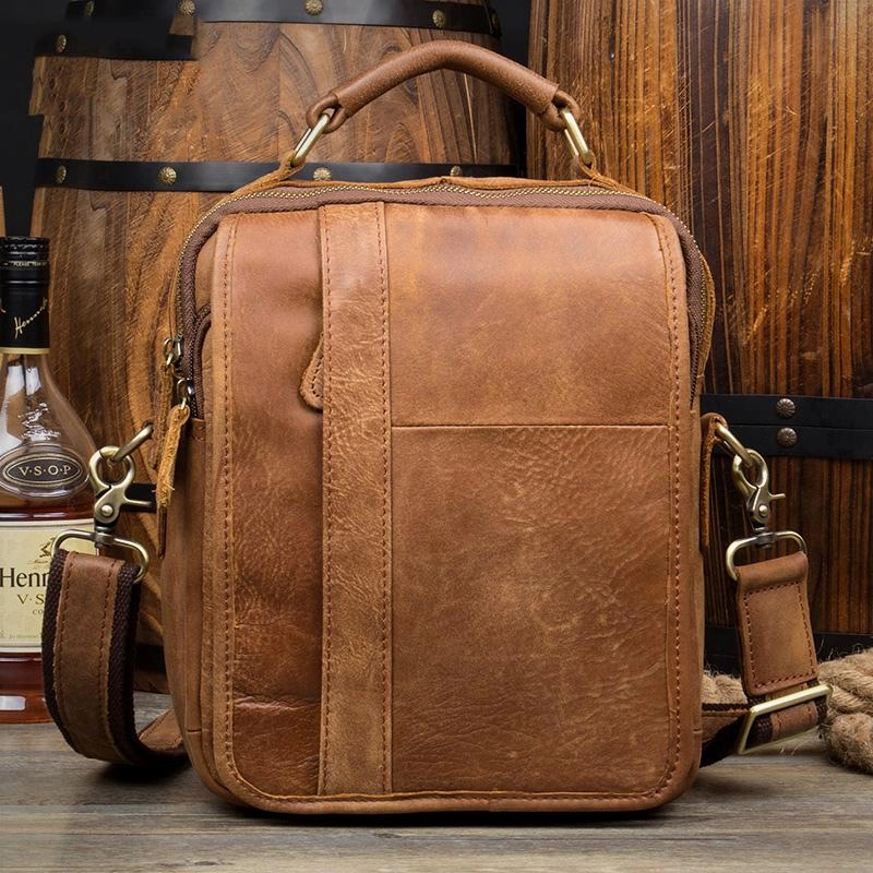 Practical Functionality Travel Organizer Casual Brown  Leather 10 inches Small Vertical Messenger Bag Crossbody Side Bag for Men