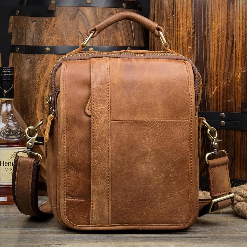 Casual Brown  Leather 10 inches Small Vertical Messenger Bag Crossbody Side Bag for Men Sporty Look Quality Finish