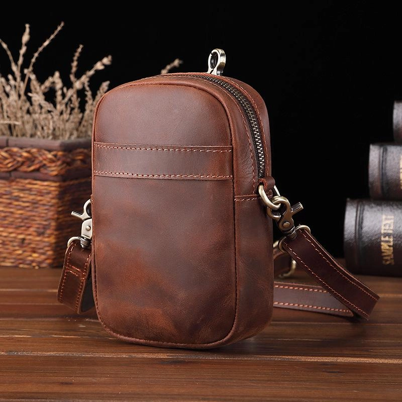 Practical Choice Casual Brown Leather Belt Pouch Mini Messenger Bag Men's Small Side Bag Phone Holster For Men