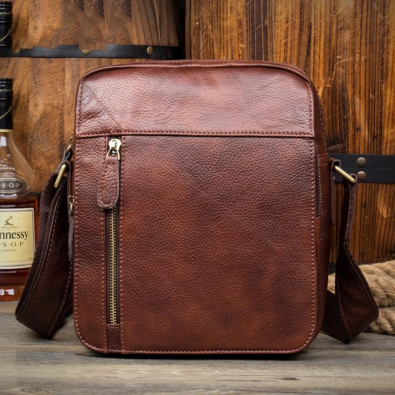 Casual Brown Leather Courier Bag 10 inches Vertical Small Messenger Bags Postman Bag for Men Daily Lifestyle Weekend Travel