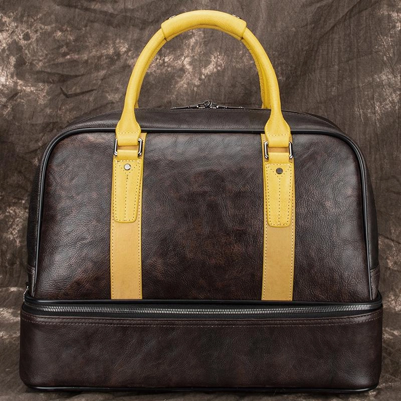 Casual Brown Leather Men Business Weekender Bags Handbag With Shoes Storage Travel Bags Overnight Bags For Men Family outing