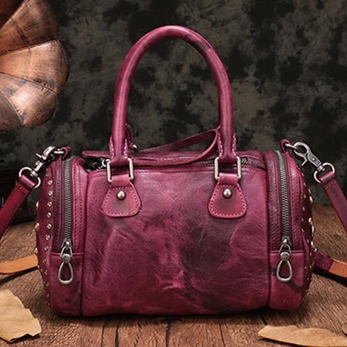 Red Genuine Leather Womens Rivet Round Boston Handbag Brown Shoulder Bag Purse for Ladies Casual Chic Luxury Craftsmanship