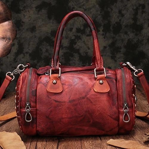 Simple Accessory Red Genuine Leather Womens Rivet Round Boston Handbag Brown Shoulder Bag Purse for Ladies