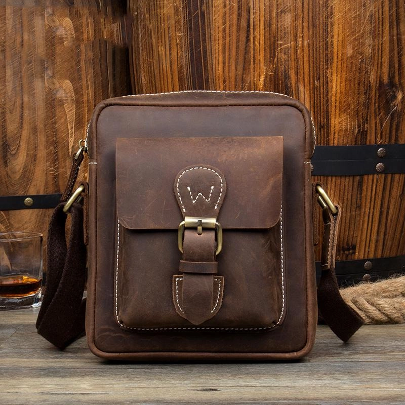 Casual Dark Brown Leather Mens Mini Vertical Messenger Bag Small Side Bags Postman Bag for Men Compact Fit Modern Lifestyle