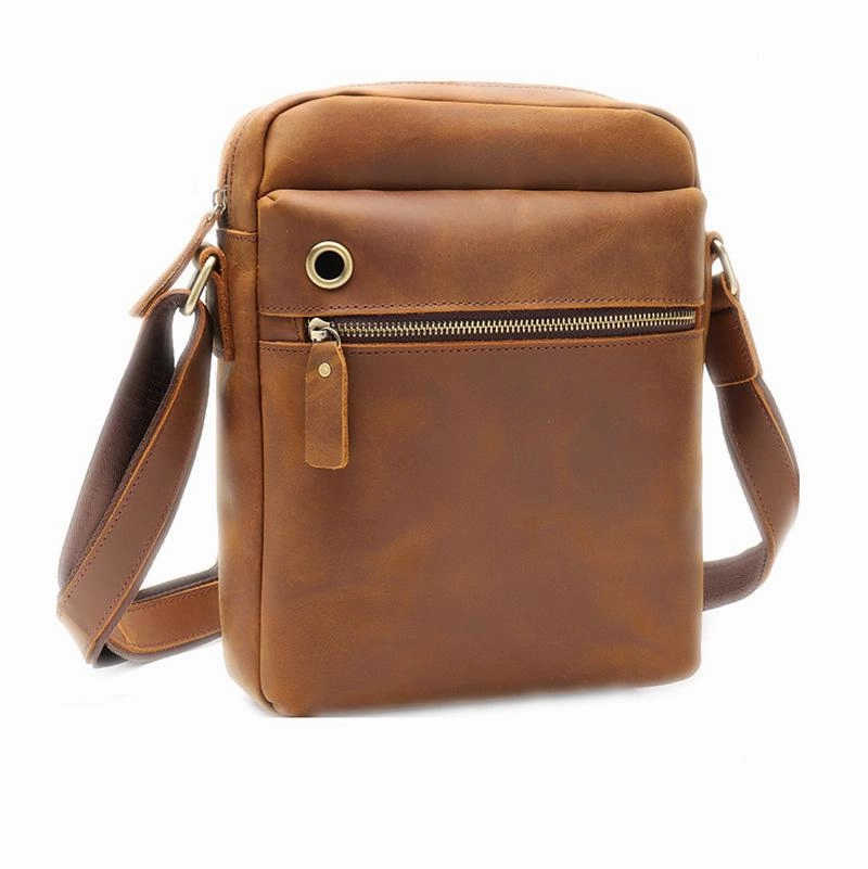 Functional Journey Elegant Touch Casual Dark Coffee Leather Messenger Bag Men's 8 inches Side Bag Vertical Phone Bag Courier Bag For Men