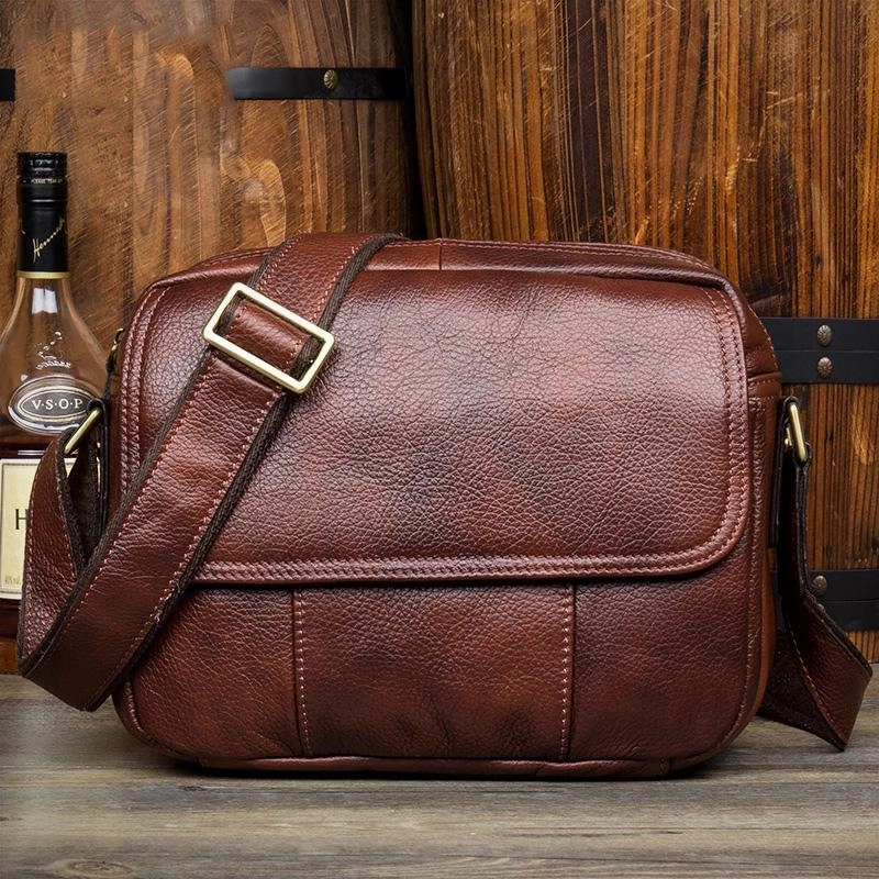 Comfort Everyday Everyday Practicality Casual Dark Brown Leather 8 inches Small Messenger Bag Side Bag Postman Bag for Men
