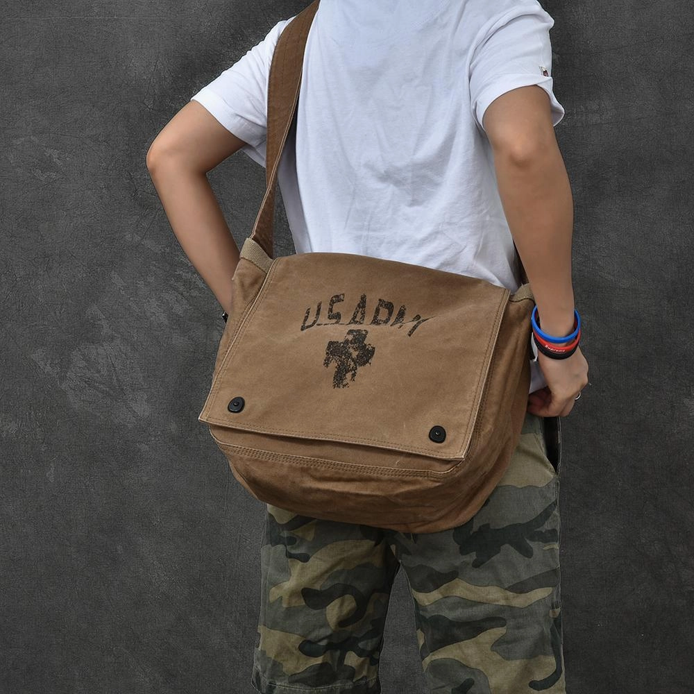 Canvas Leather Mens Large Brown Side Bag 14'' Army Green Messenger Bag Postman Bag For Men Effortless Chic Functional Lifestyle