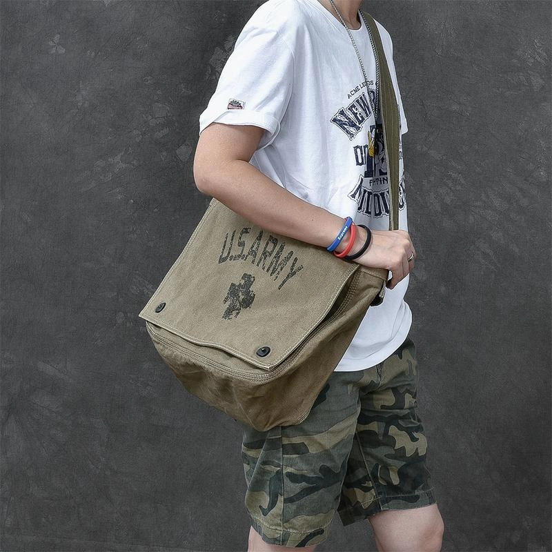 Canvas Leather Mens Large Brown Side Bag 14'' Army Green Messenger Bag Postman Bag For Men Outdoor Activity