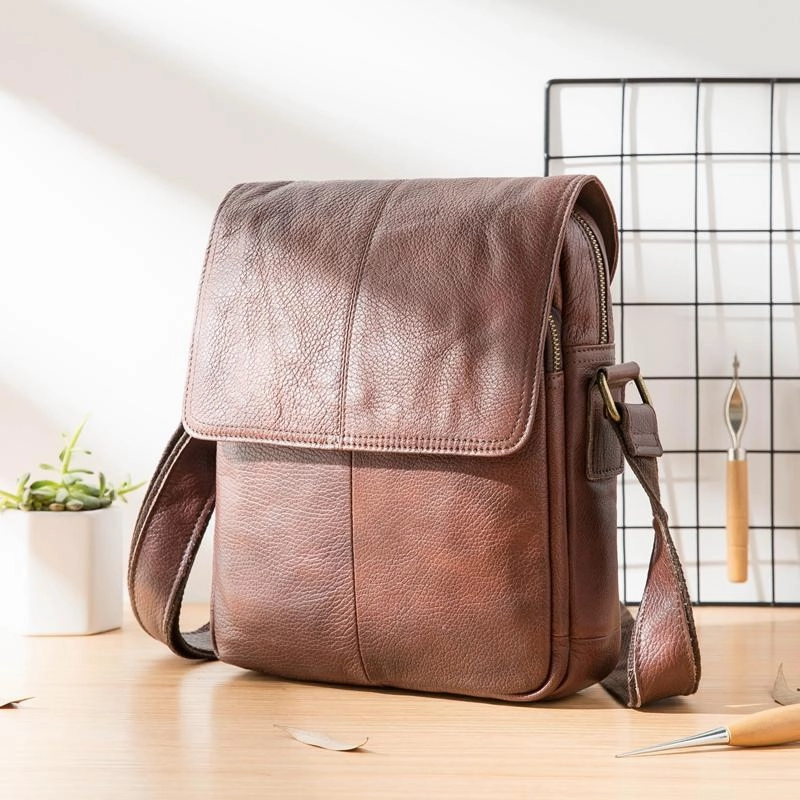 Casual Leather Mens 8 inches Vertical Side Bag Brown Messenger Bags Postman Bag for Men Utility Focus