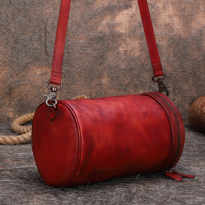 Womens Red Leather Barrel Shoulder Bag Purse Vintage Round Handbag Bucket Crossbody Purse for Women Chic Accessory Classic Evening