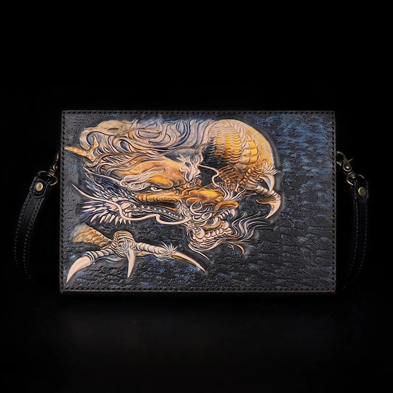 Minimal Utility Durable Travel Handmade Black Tooled Chinese Dragon Leather Messenger Bags Side Bag Clutch Wristlet Bag For Men