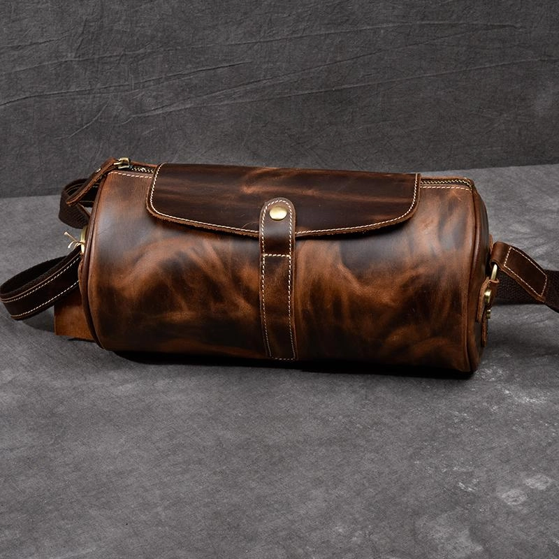 Leather Mens Vintage Brown Side Bag Barrel Messenger Bag Small Bucket Bag For Men Classic Functionality