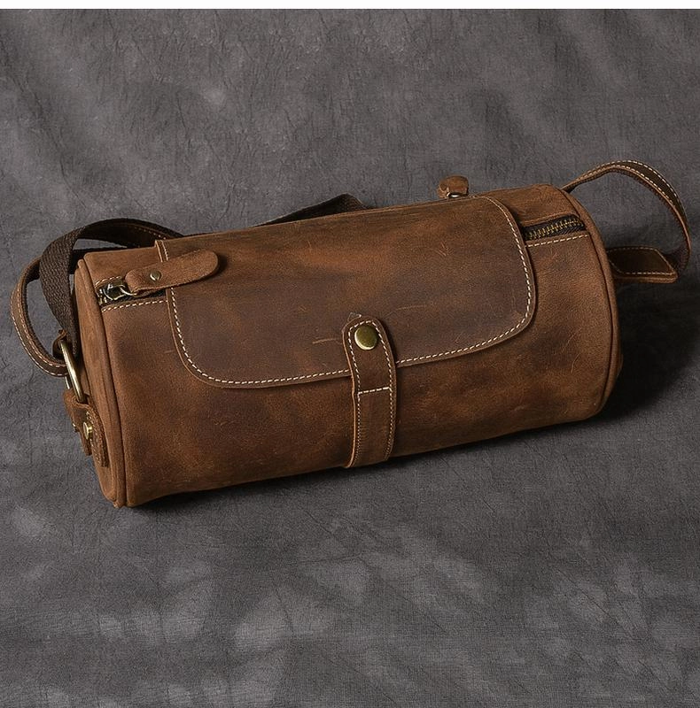 Leather Mens Vintage Brown Side Bag Barrel Messenger Bag Small Bucket Bag For Men Work Essential Trendy Choice
