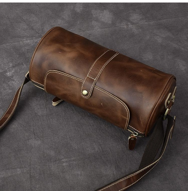 Leather Mens Vintage Brown Side Bag Barrel Messenger Bag Small Bucket Bag For Men All Season