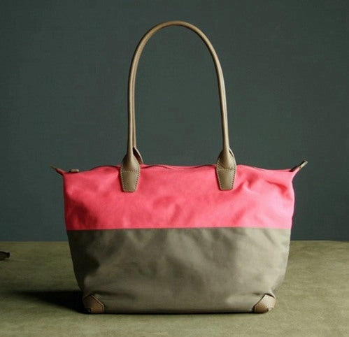 Durable Material Pink&Khaki Womens Nylon Shoulder Handbag Womens Nylon Contrast Color Pink Shoulder Work Purse Nylon for Ladies