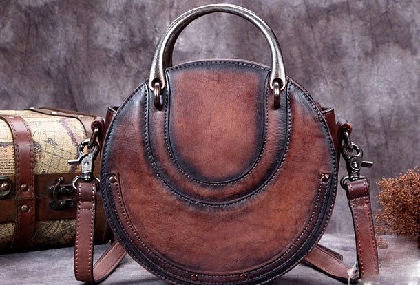 Daily Essential Genuine Leather Handbag Vintage Circle Bag Shoulder Bag Crossbody Bag Purse For Women