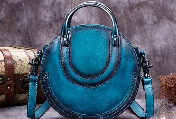 Minimal Feature Genuine Leather Handbag Vintage Circle Bag Shoulder Bag Crossbody Bag Purse For Women
