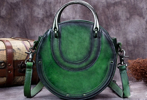 Chic Touch Genuine Leather Handbag Vintage Circle Bag Shoulder Bag Crossbody Bag Purse For Women