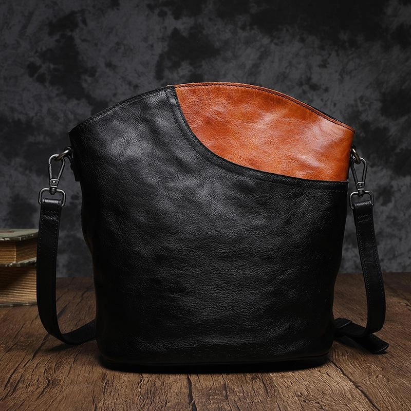 Brown Leather Womens Shoulder Bucket Bag Cross Body Black Bucket Purse Barrel Bag for ladies Comfortable Carryall Lightweight Design