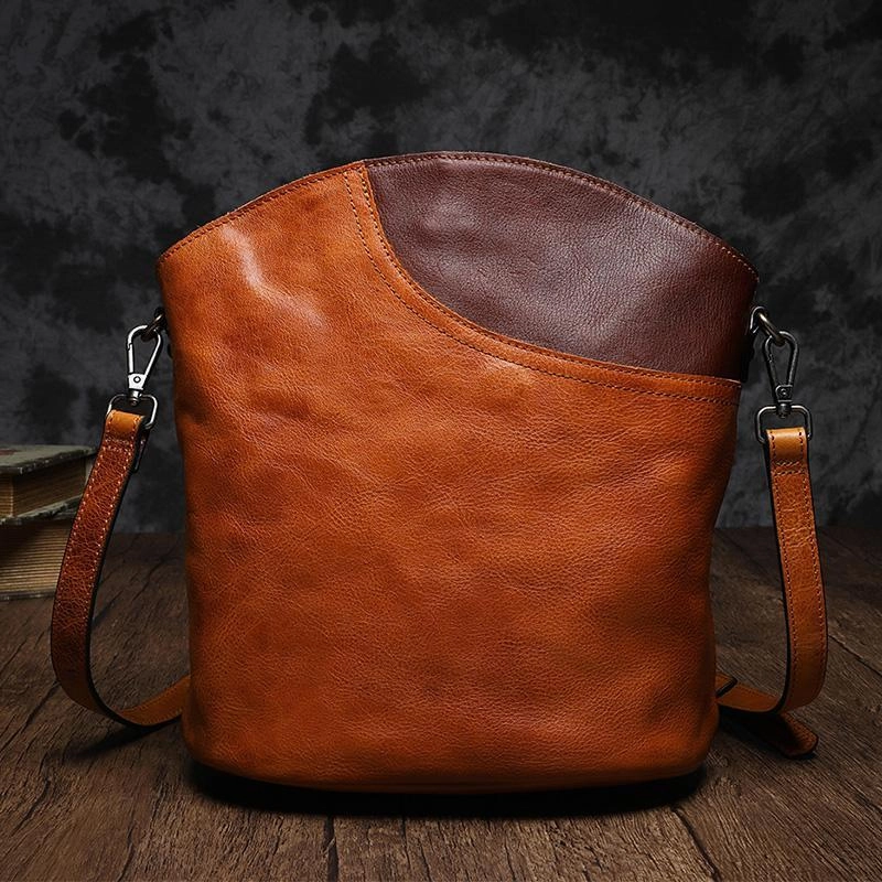 Street Aesthetic Minimal Trend Brown Leather Womens Shoulder Bucket Bag Cross Body Black Bucket Purse Barrel Bag for ladies