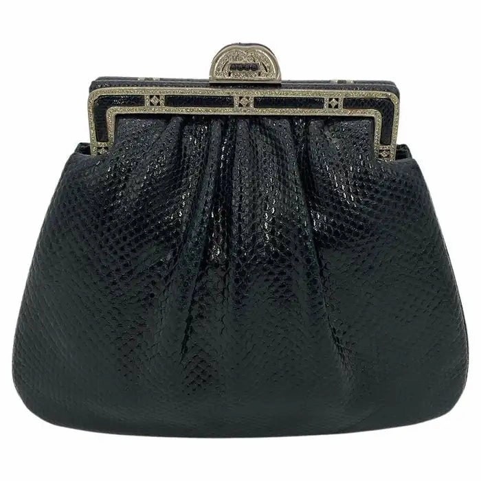 Judith Leiber Black Lizard Antique Silver Crystal Top Clutch Compact Design Statement Piece