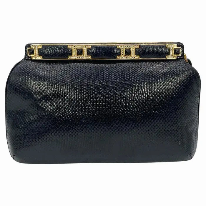 Embroidered Pattern Functional Use Judith Leiber Black Lizard Crystal and Leather Top Clutch