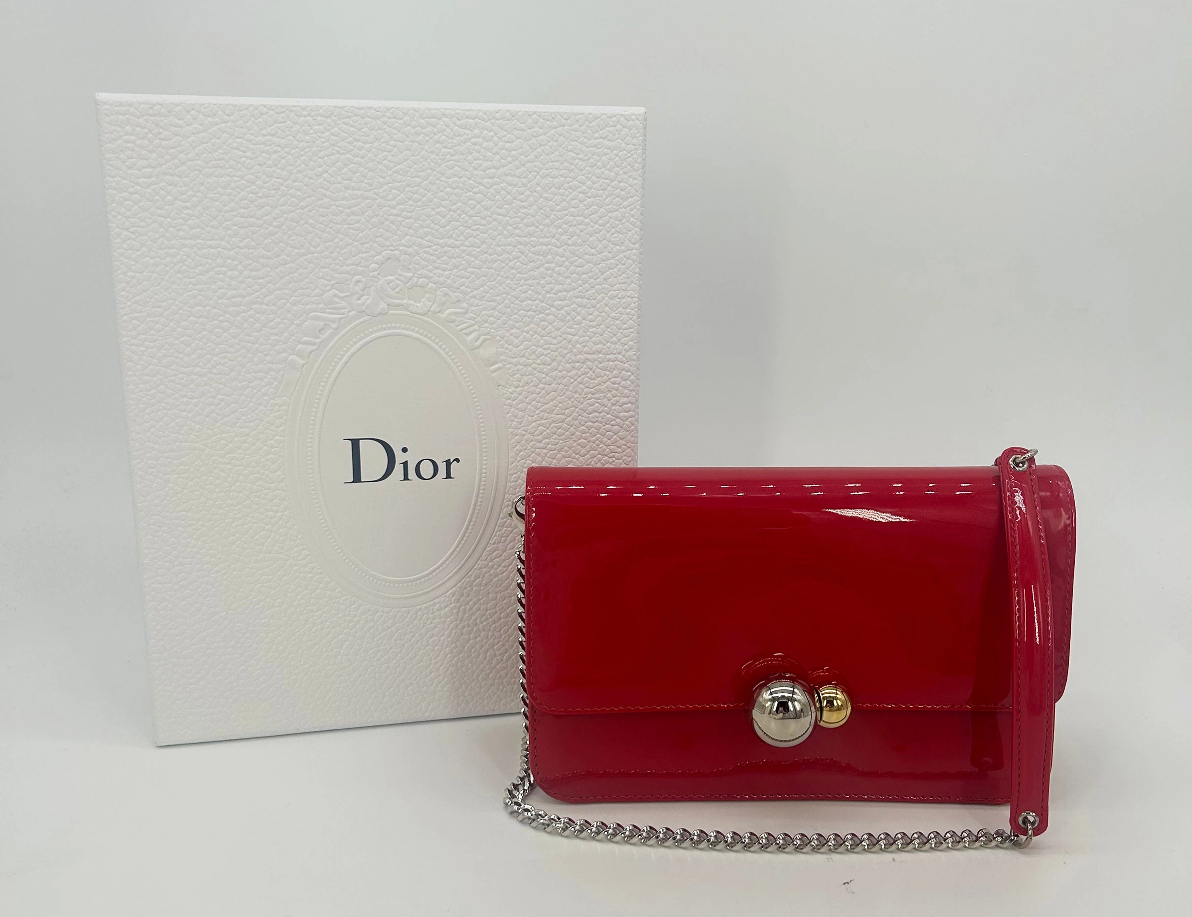 Compact Elegance Christian Dior Red Patent Leather Tribale Chain Flap Bag