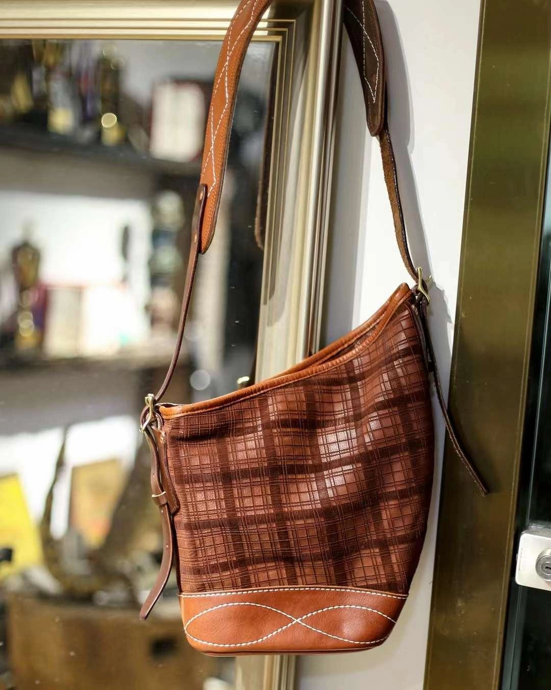 Soft and Delicate Feel Classic Plaid Crossbody Bucket Bag | Handcrafted Full Grain Leather Bag Daily Carry Solution