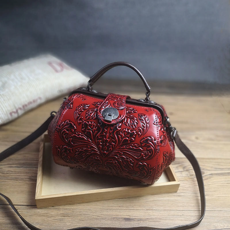 Elegant Line Handamde Womens Red Leather Doctor Handbag Purses Floral Red Doctor Crossbody Purse for Women