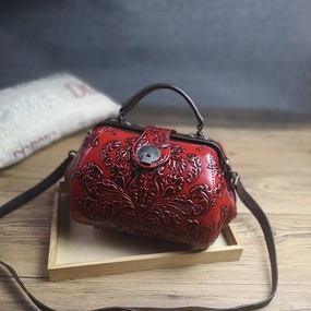 Elegant Line Handamde Womens Red Leather Doctor Handbag Purses Floral Red Doctor Crossbody Purse for Women