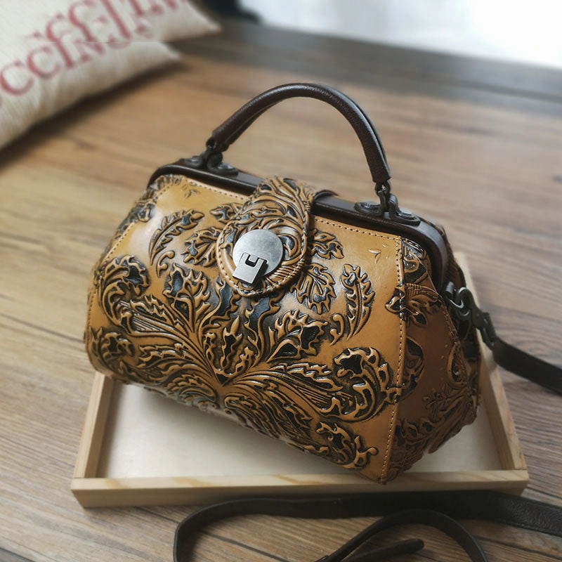 Handamde Womens Red Leather Doctor Handbag Purses Floral Red Doctor Crossbody Purse for Women Minimal Form Sporty messenger bag