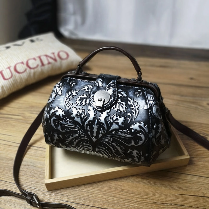 Handamde Womens Red Leather Doctor Handbag Purses Floral Red Doctor Crossbody Purse for Women Artisan Touch