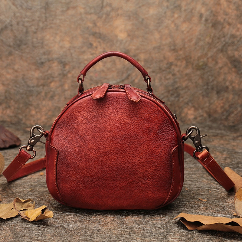 Womens Green Leather Round Handbag Purses Vintage Handmade Round Shoulder Bag Crossbody Handbag for Women Soft Edge Minimal Accent
