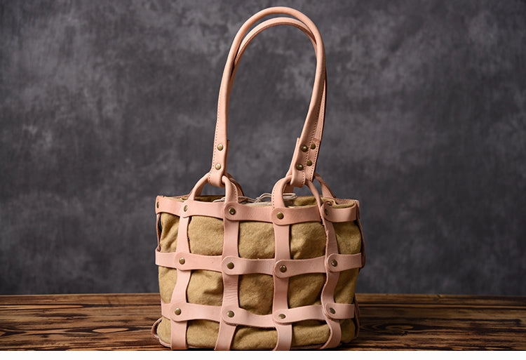 Compact Storage Leather Canvas Women Bucket Bag Shopper Bag Shoulder Bag For Women