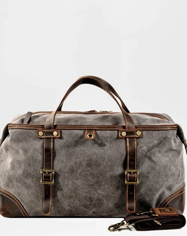 Long distance Folded Shape Casual Waxed Canvas Leather Mens Gray Large Travel Weekender Bag Luggage Duffle Bag for Men