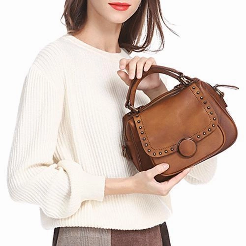 Brown Vintage Womens Leather Rivet Handbag Red Side Bag Satchel Bag Purse for Ladies Casual carry bag Polished Accent