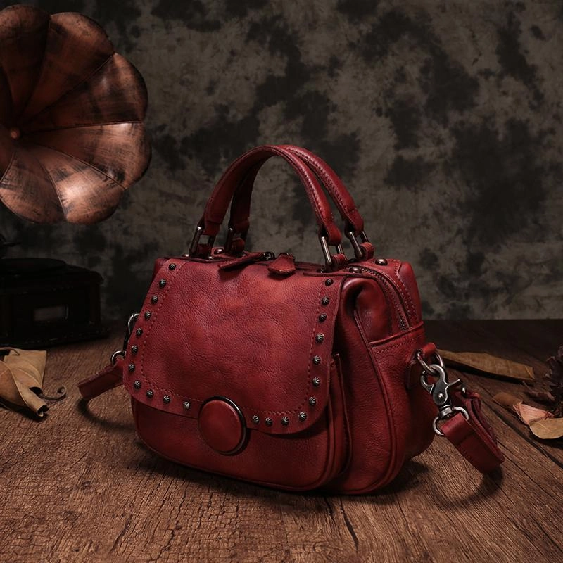 Brown Vintage Womens Leather Rivet Handbag Red Side Bag Satchel Bag Purse for Ladies Stylish Street Everyday Carry