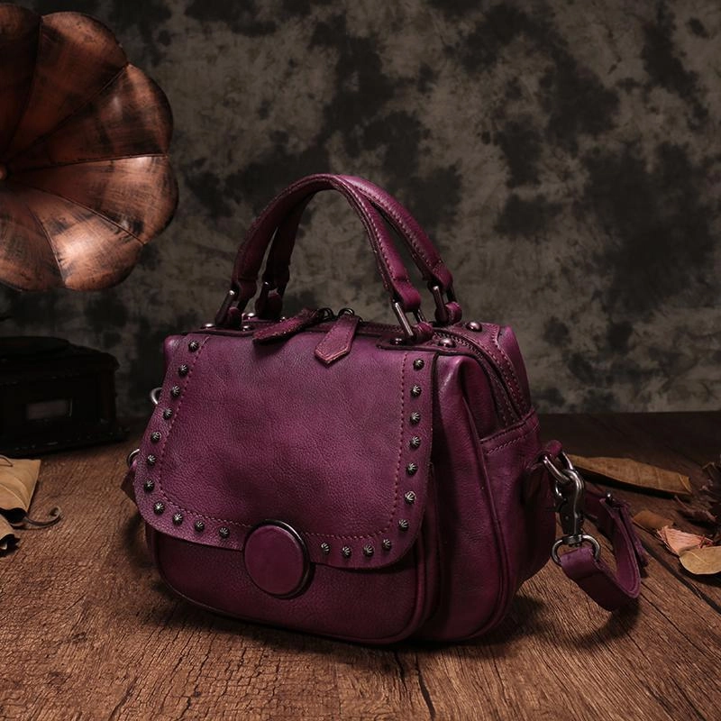 Versatile Style Brown Vintage Womens Leather Rivet Handbag Red Side Bag Satchel Bag Purse for Ladies