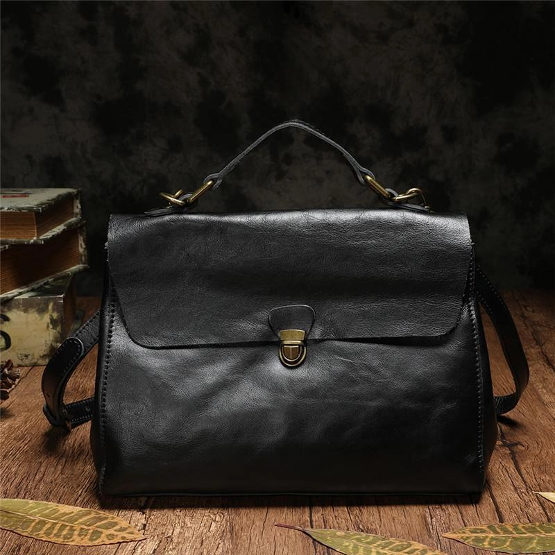 Indoor Use Brown Leather Womens Vintage Handbag Purse Shoulder Black Women's Work Handbag for Ladies