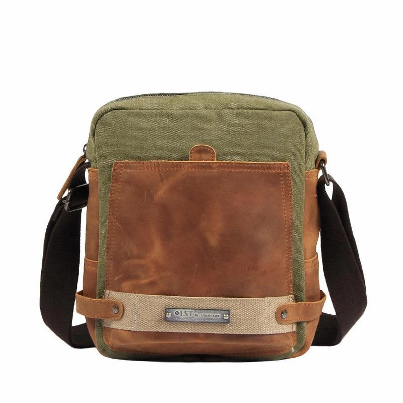 Coffee Canvas Leather Mens Side Bag Vertical Messenger Bags Army Green Canvas Courier Bag for Men Outdoor Activity