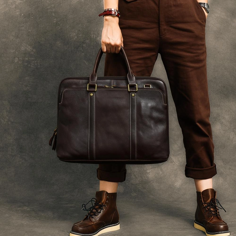 Smart business purse Urban Minimalism Coffee Leather Mens 15" Black Laptop Briefcase Business Brown Large Handbag For Men