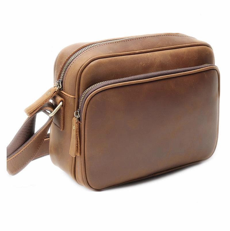 Functional Style Versatile Function Coffee Leather Small Mens Messenger Bag Side Bag Vintage Brown Courier Bag For Men