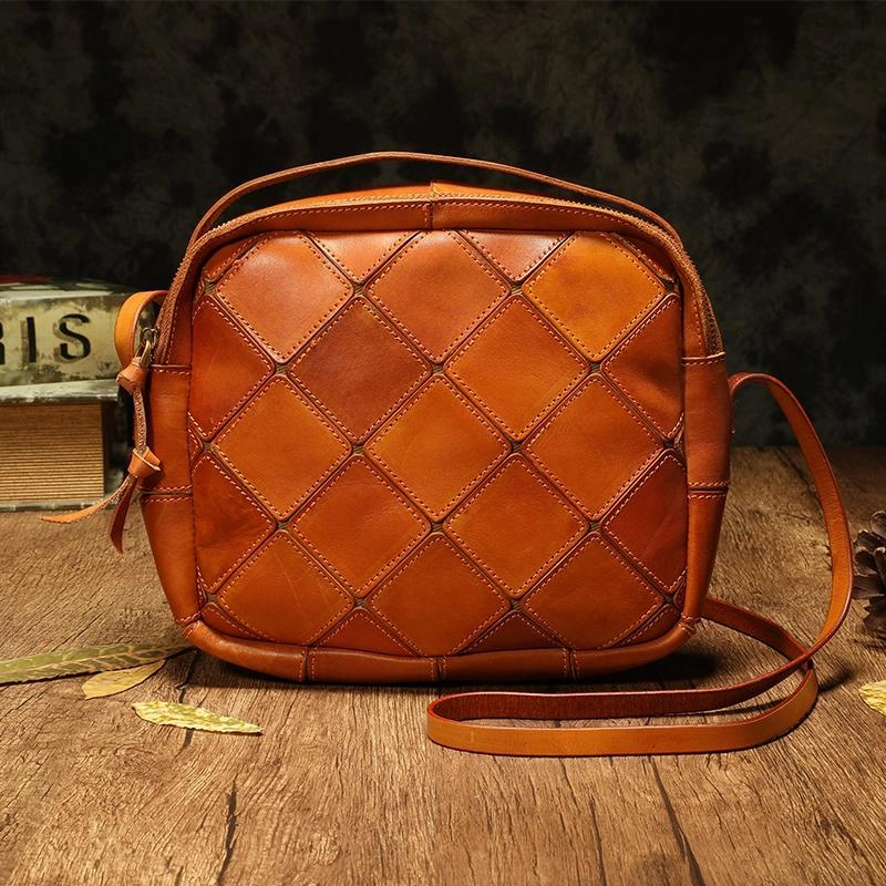 Modern Essential Coffee Mosaic Womens Genuine Leather Shoulder Bag Handbag Bag Vintage Side Bag for Ladies